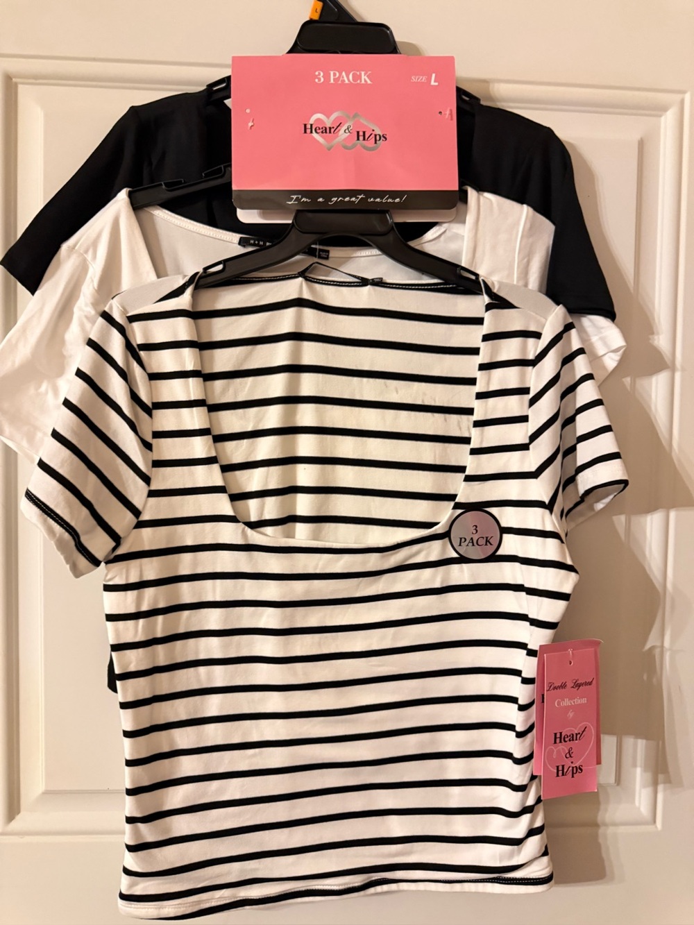 Heart Hips Black and White Striped, white, and black, Short Sleeve Tops - 3 Pack